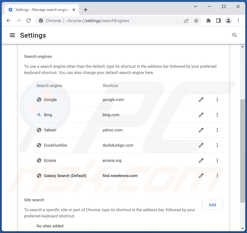 Find.nseeknow.com verwijderen uit de standaardzoekmachine van Google Chrome
