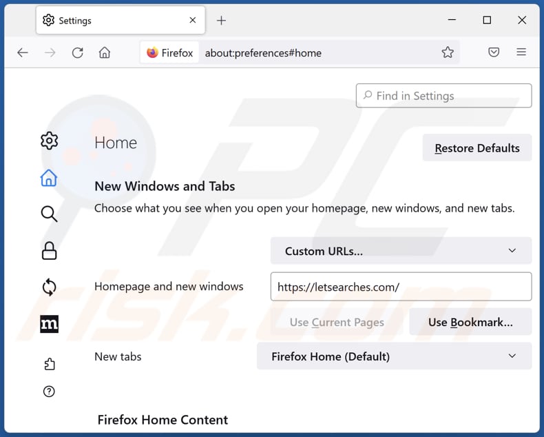 Letsearches.com verwijderen van de startpagina van Mozilla Firefox