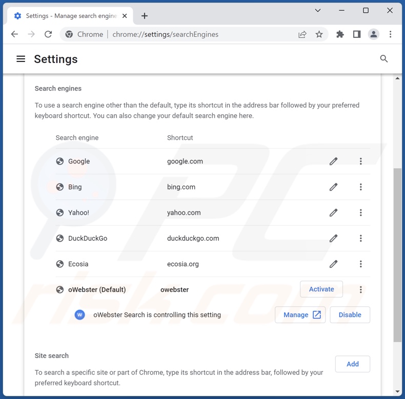 Owebsearch.com verwijderen uit de standaardzoekmachine van Google Chrome
