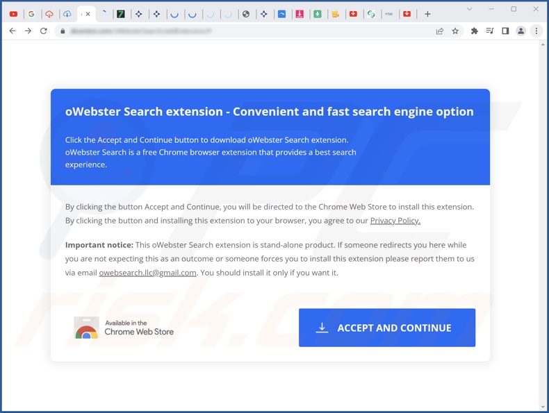 Misleidende website die wordt gebruikt om de oWebster Search-browserkaper te promoten
