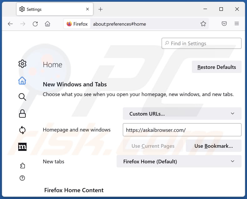Askaibrowser.com verwijderen van de startpagina van Mozilla Firefox