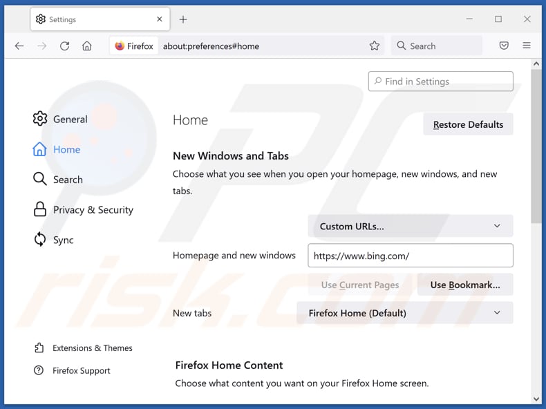 Verwijderen van bing.com uit Mozilla Firefox startpagina