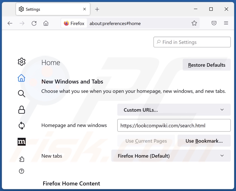 Lookcompwiki.com verwijderen van de startpagina van Mozilla Firefox