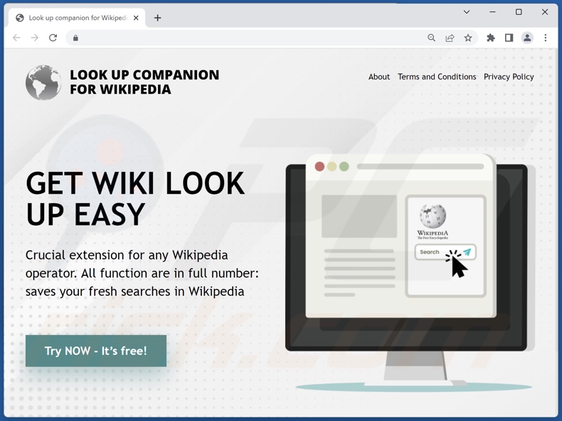 Website gebruikt om de browserkaper Lookup for Wikipedia te promoten