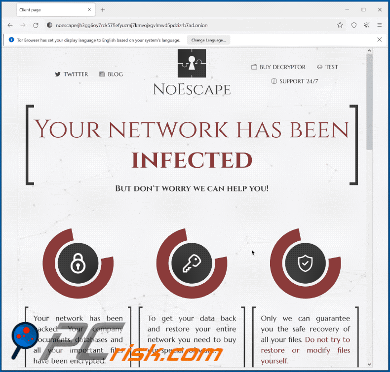 NoEscape ransomware Tor uiterlijk van de site (GIF)