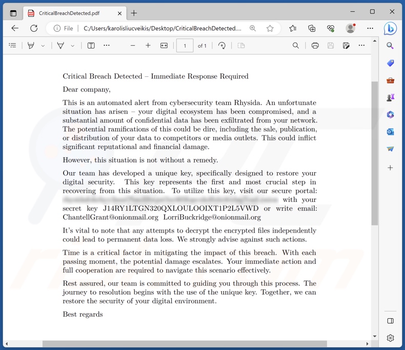 Rhysida ransomware losgeldbrief (CriticalBreachDetected.pdf)