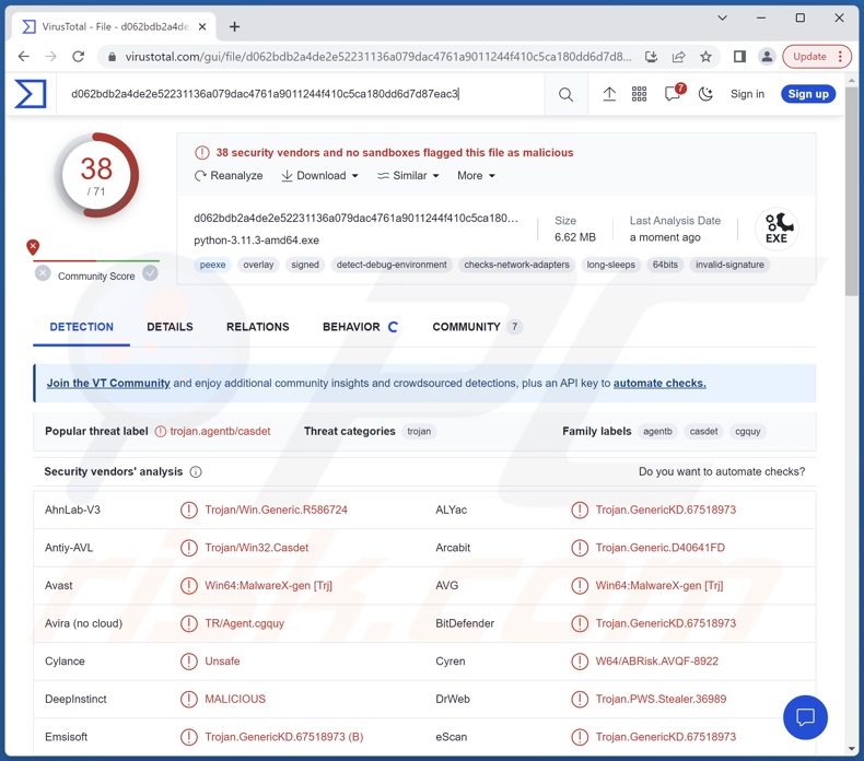 RustyStealer malware detecties op VirusTotal