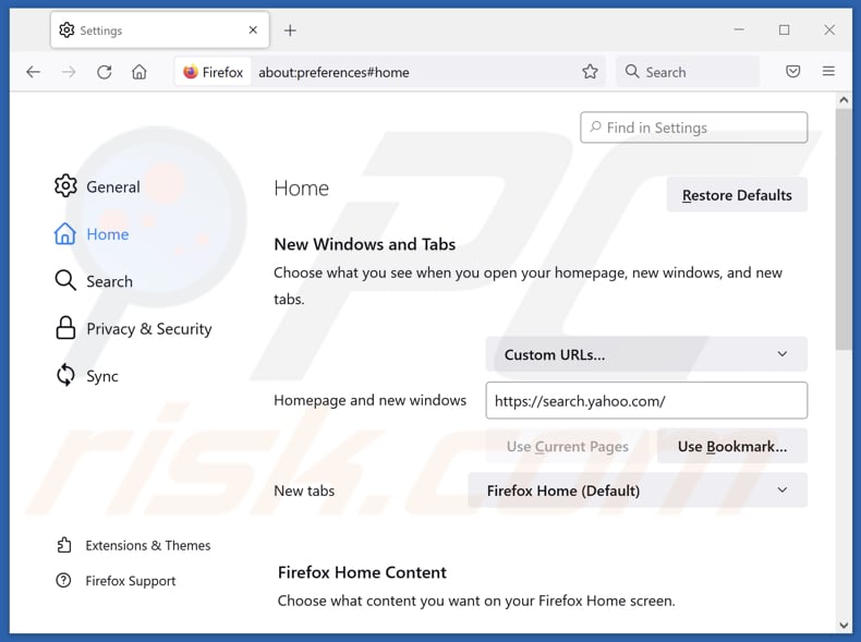 Search.yahoo.com verwijderen uit de startpagina van Mozilla Firefox
