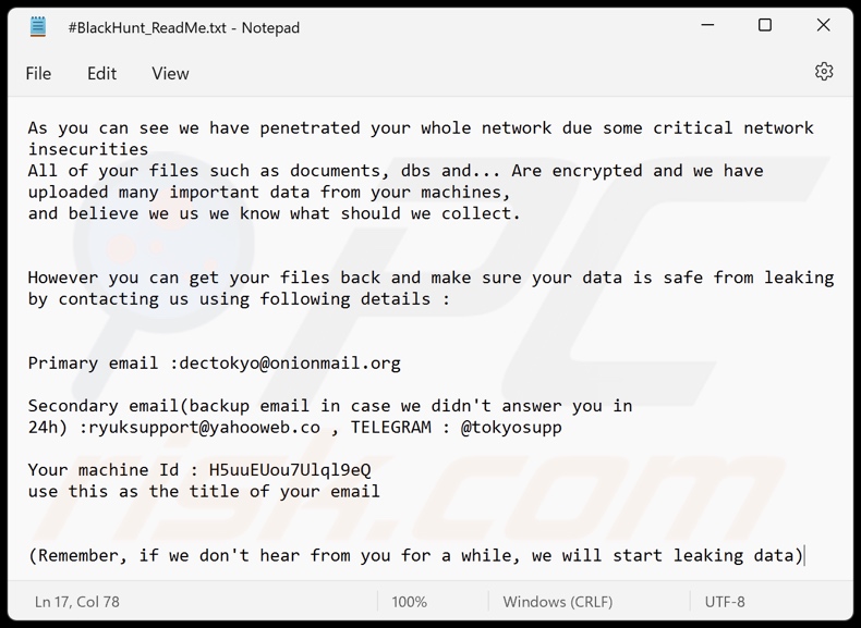 Black Hunt 2.0 ransomware tekstbestand (#BlackHunt_ReadMe.txt)