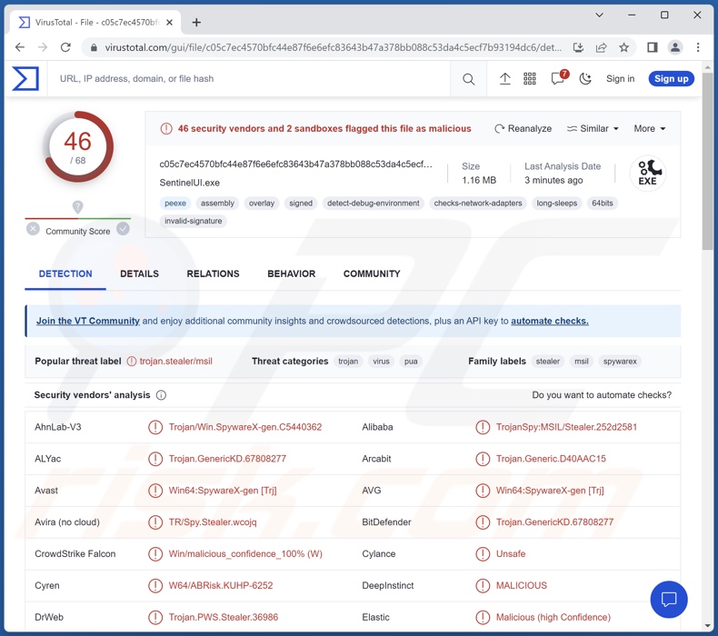CustomerLoader malware detecties op VirusTotal