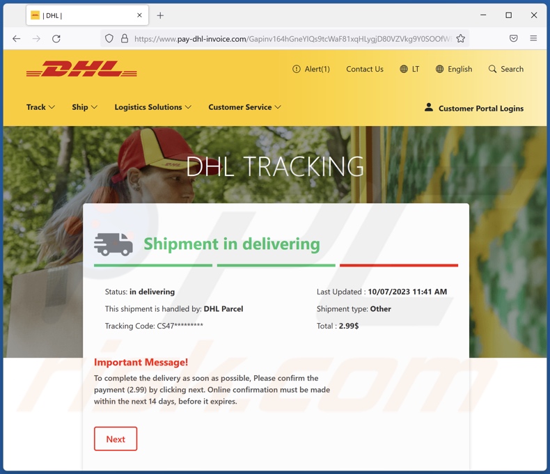 DHL Delivery Payment valse DHL site via e-mail