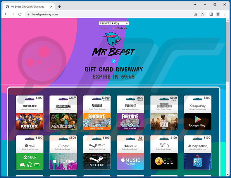 Een andere website met de Mr Beast GIFT CARDS GIVEAWAY scam