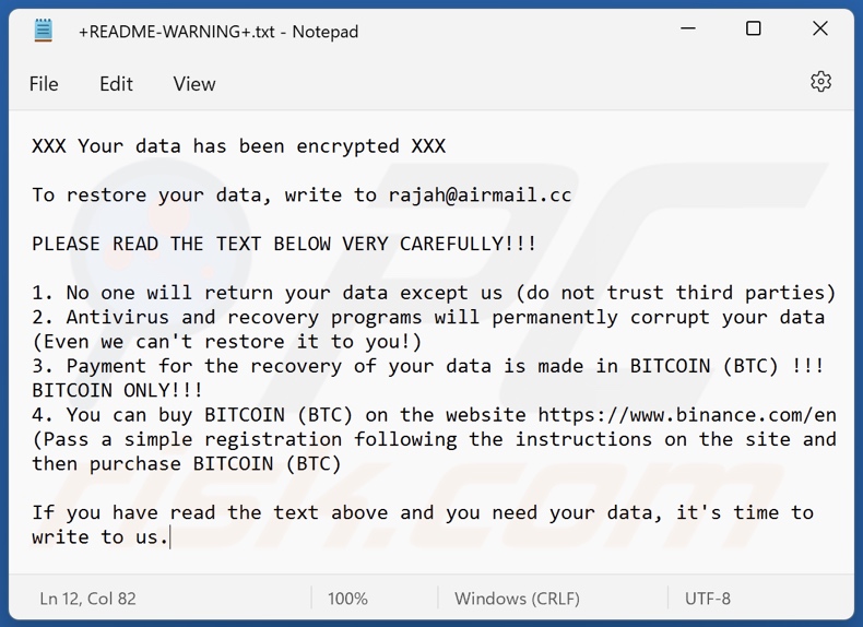 Rajah ransomware losgeld brief (+README-WARNING+.txt)