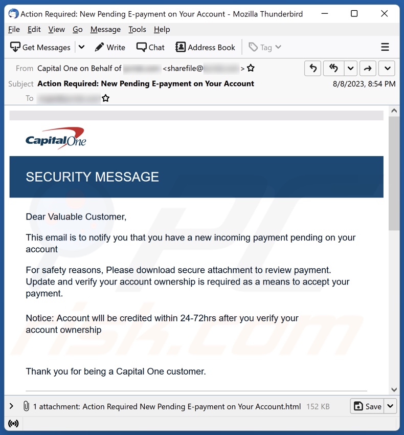 Capital One SECURITY MESSAGE email spamcampagne