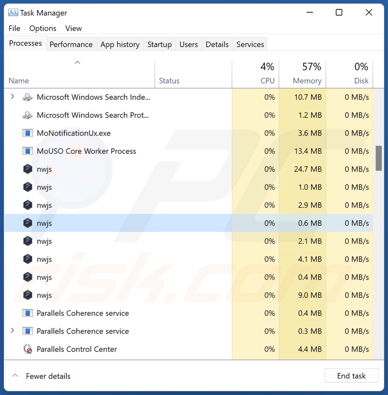 Designer adware proces op Taakbeheer (nwjs - procesnaam)