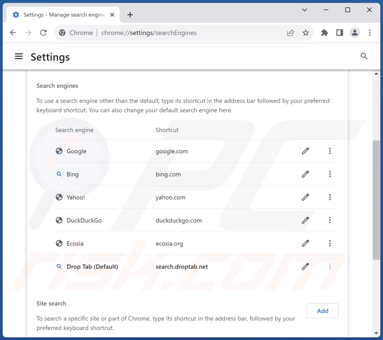 Search.droptab.net verwijderen uit de standaardzoekmachine van Google Chrome