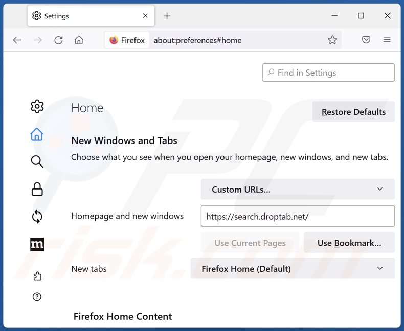 Search.droptab.net verwijderen uit de startpagina van Mozilla Firefox