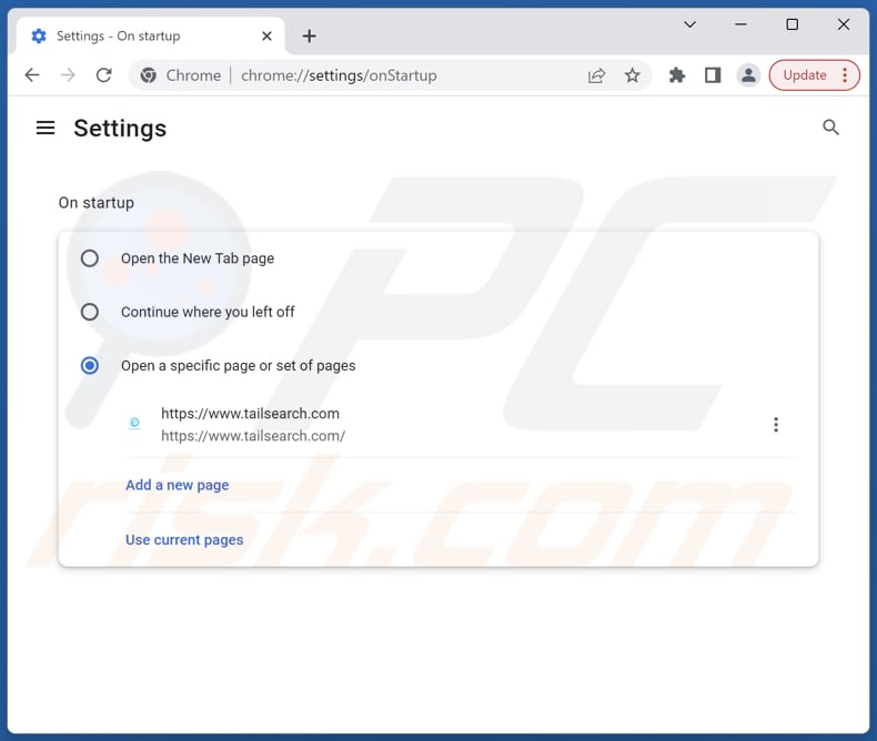 Verwijder tailsearch.com van de startpagina van Google Chrome