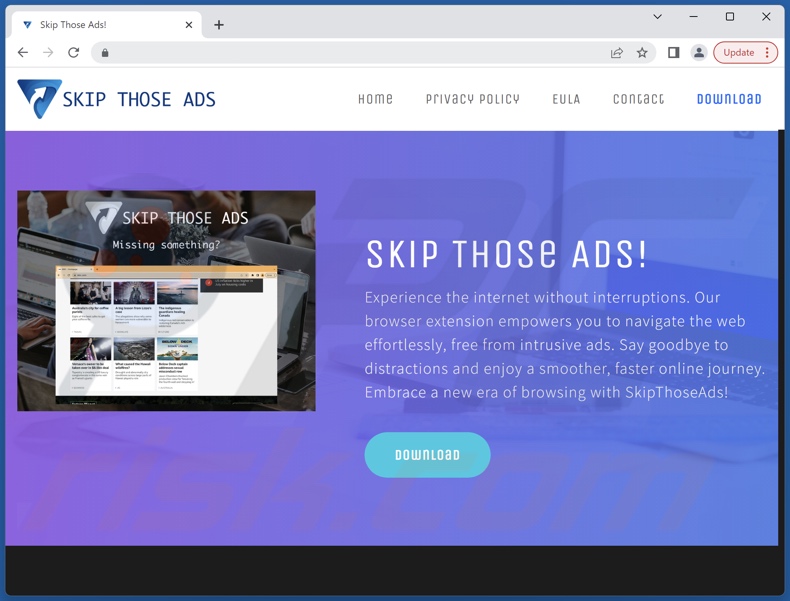 promotiewebsite van Skip Those Ads adware