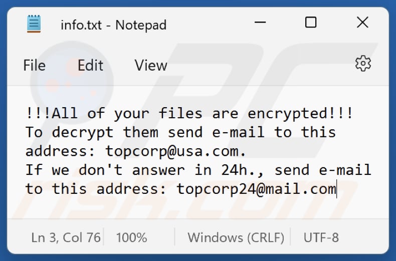Top ransomware tekstbestand (info.txt)