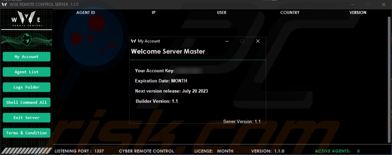 Wise Remote stealer malware beheerpaneel