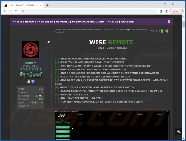 Wise Remote stealer malware online gepromoot