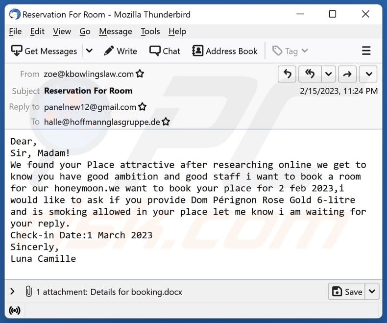 E-mail die XWorm verspreidt met een kwaadaardig bestand eraan toegevoegd (Details voor booking.doc)