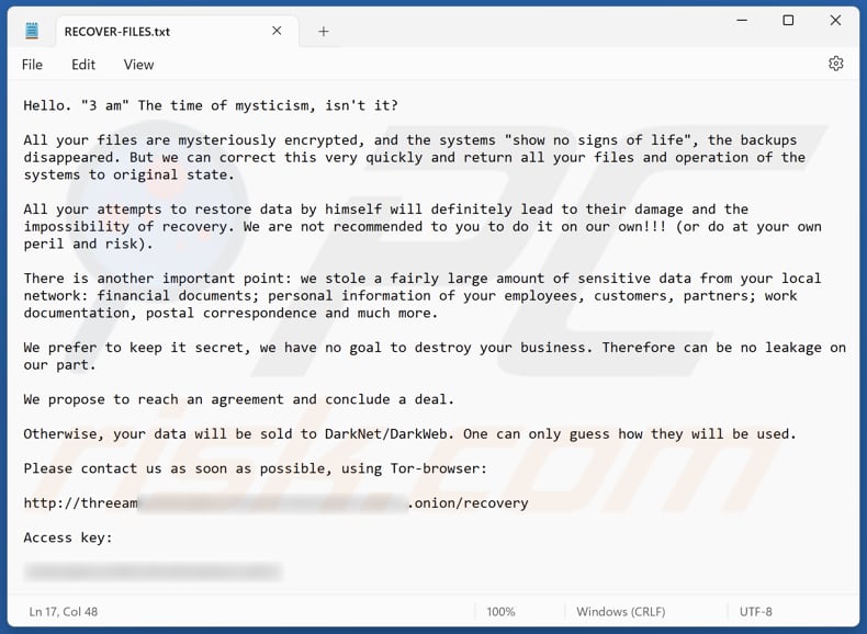 3AM ransomware tekstbestand (RECOVER-FILES.txt)