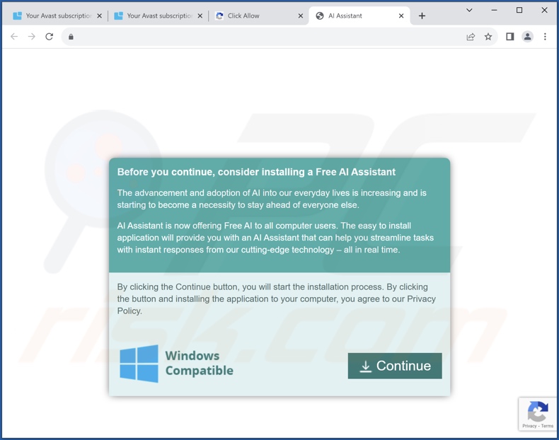 Misleidende website die een installatie met AdAssistant adware promoot