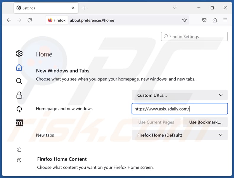 askusdaily.com verwijderen uit de startpagina van Mozilla Firefox