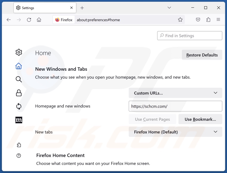 Verwijder schcm.com van de Mozilla Firefox-startpagina