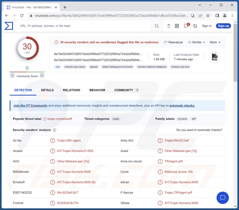 DarkGate malware detecties op VirusTotal