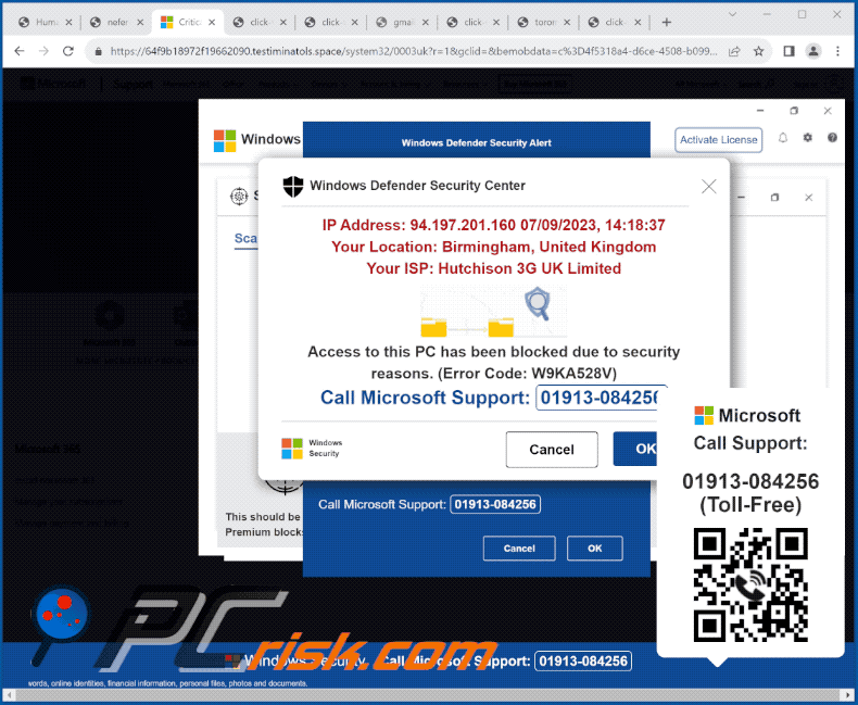 Weergave van de Error Code: W9KA528V scam (GIF)