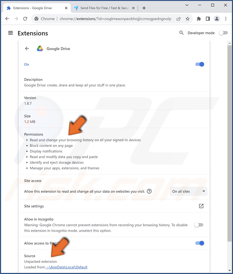 Gedetailleerde informatie over de vervalste Google Drive-extensie