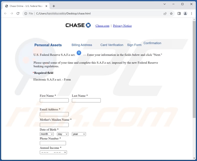 JPMorgan Chase Online Security Department scam phishing-formulier