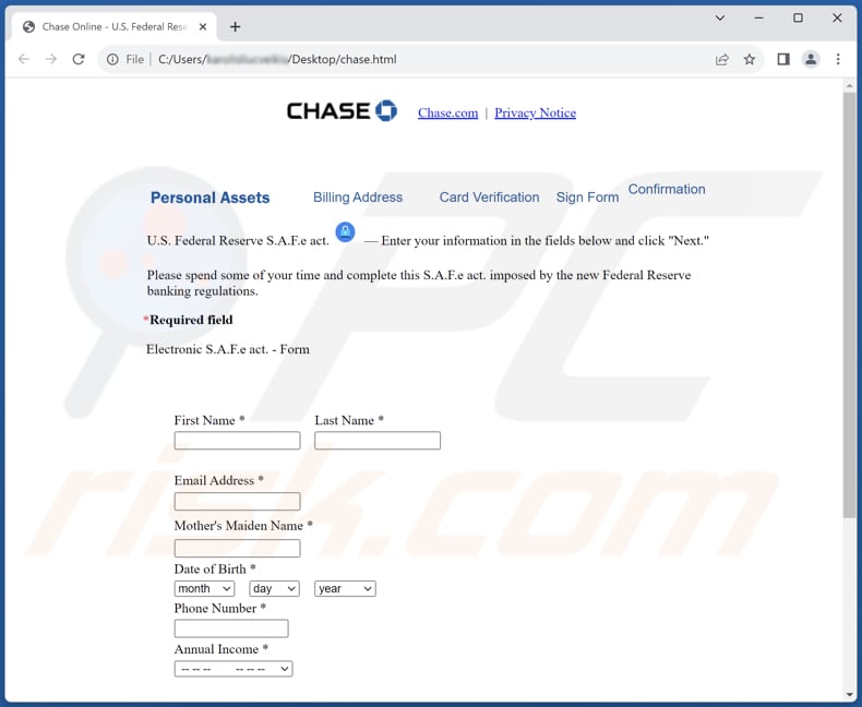 JPMorgan Chase Online Security Department scam phishing-formulier