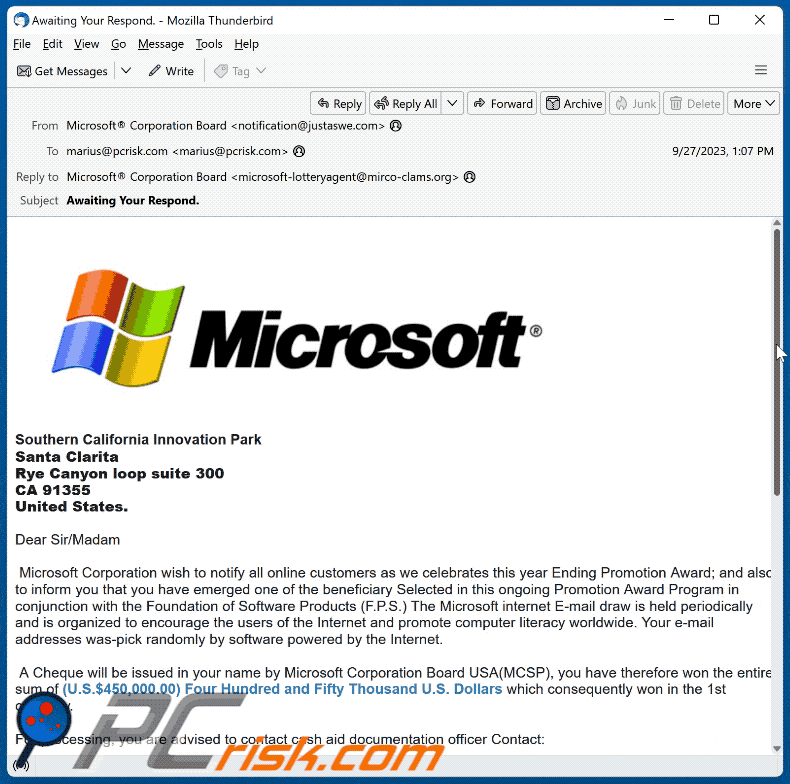 Verschijning van de Microsoft Ending Promotion Award scam email