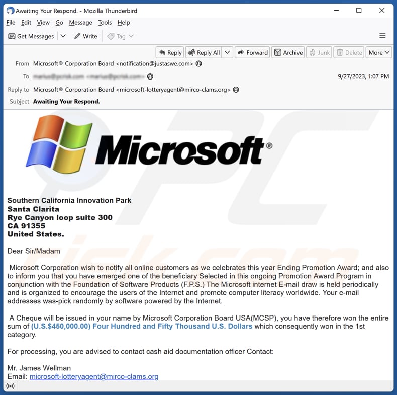 Microsoft Ending Promotion Award lottery scam