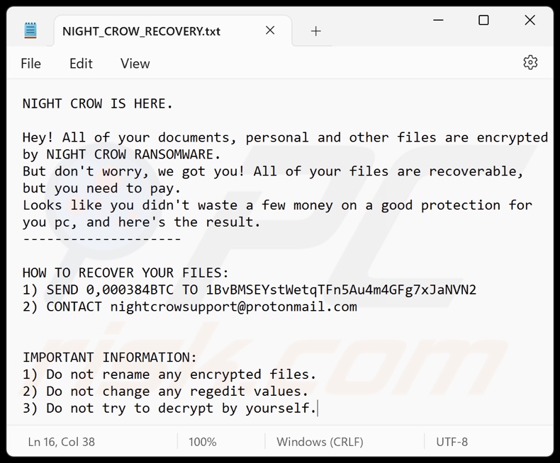 NIGHT CROW ransomware tekstbestand (NIGHT_CROW_RECOVERY.txt)