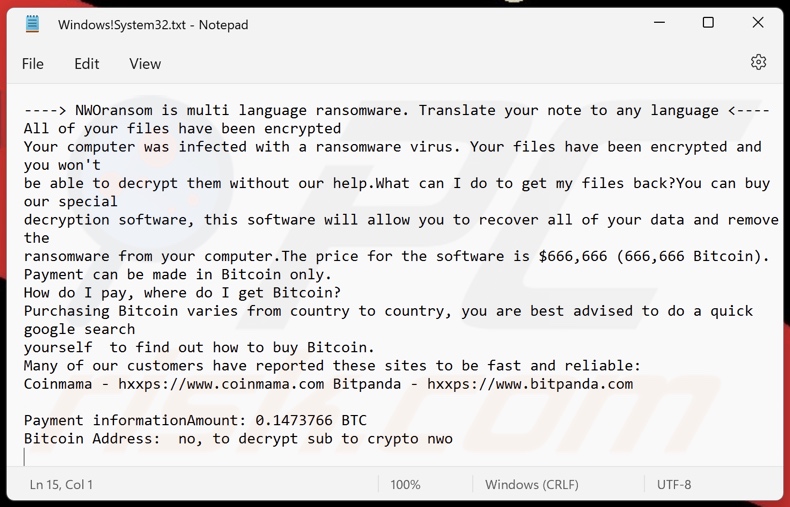 NWOransom ransomware tekstbestand (Windows!System32.txt)
