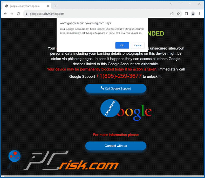Weergave van de Google Account Has Been Locked! scam (GIF)