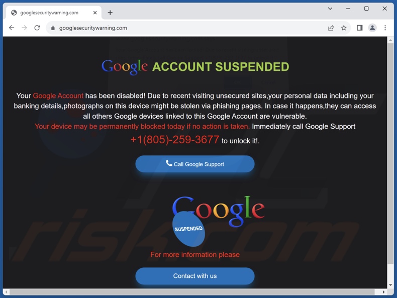 Your Google Account Has Been Locked! scam achtergrondpagina