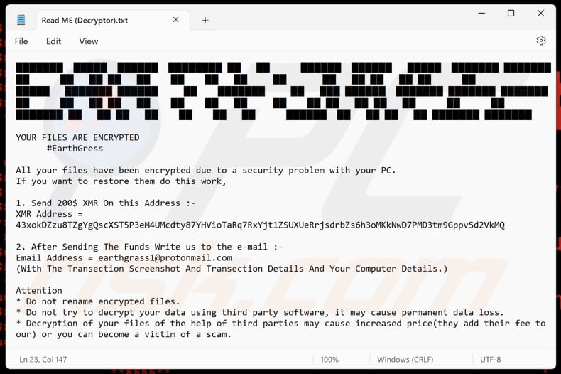 EARTH GRASS ransomware tekstbestand (Lees ME (Decryptor).txt)