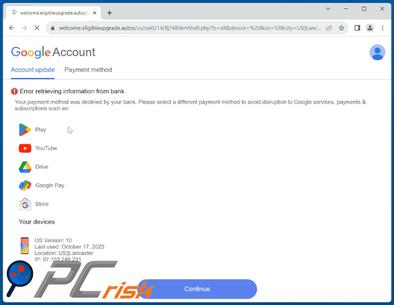 De verschijning van Error Retrieving Information From Bank scam (GIF)