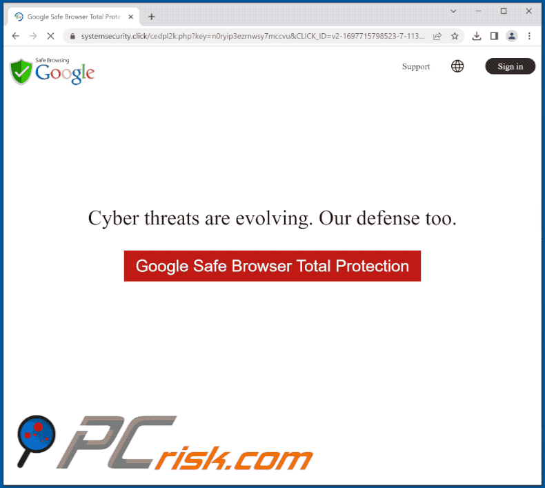 Weergave van de Google Safe Browser Total Protection scam (GIF)