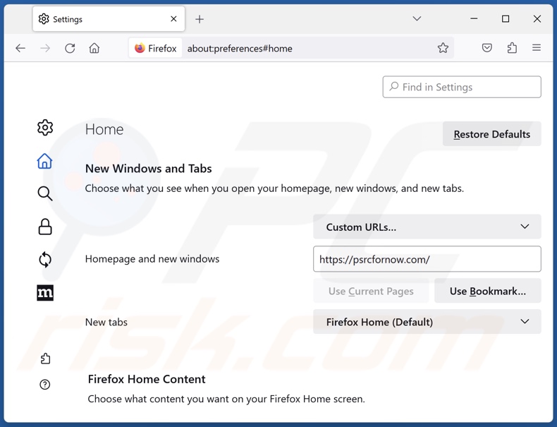 Psrcfornow.com uit de startpagina van Mozilla Firefox verwijderen