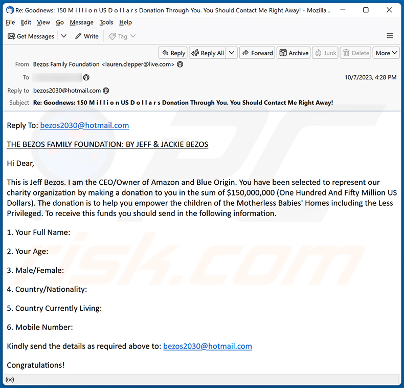 Jeff Bezos Charity Project email scam (2023-10-09)