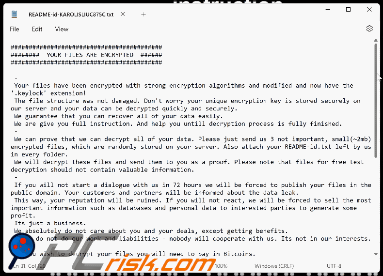Keylock ransomware tekstbestand (README-id-[username].txt) GIF