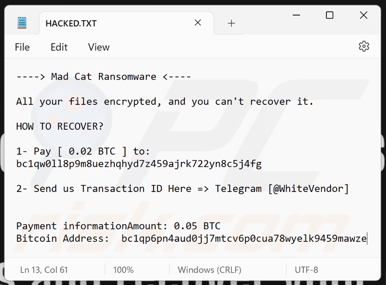 Mad Cat ransomware ransom note (HACKED.txt)
