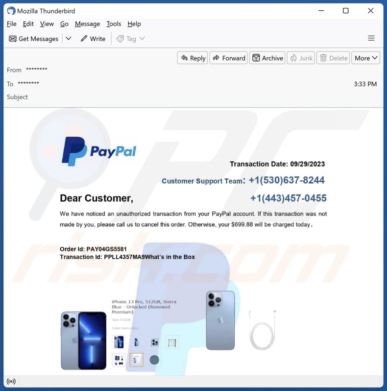 PayPal - Unauthorized Transaction spam e-mailcampagne